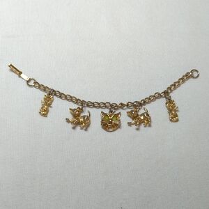Vintage Goldtone Cat Charm Bracelet, small, 7 inch